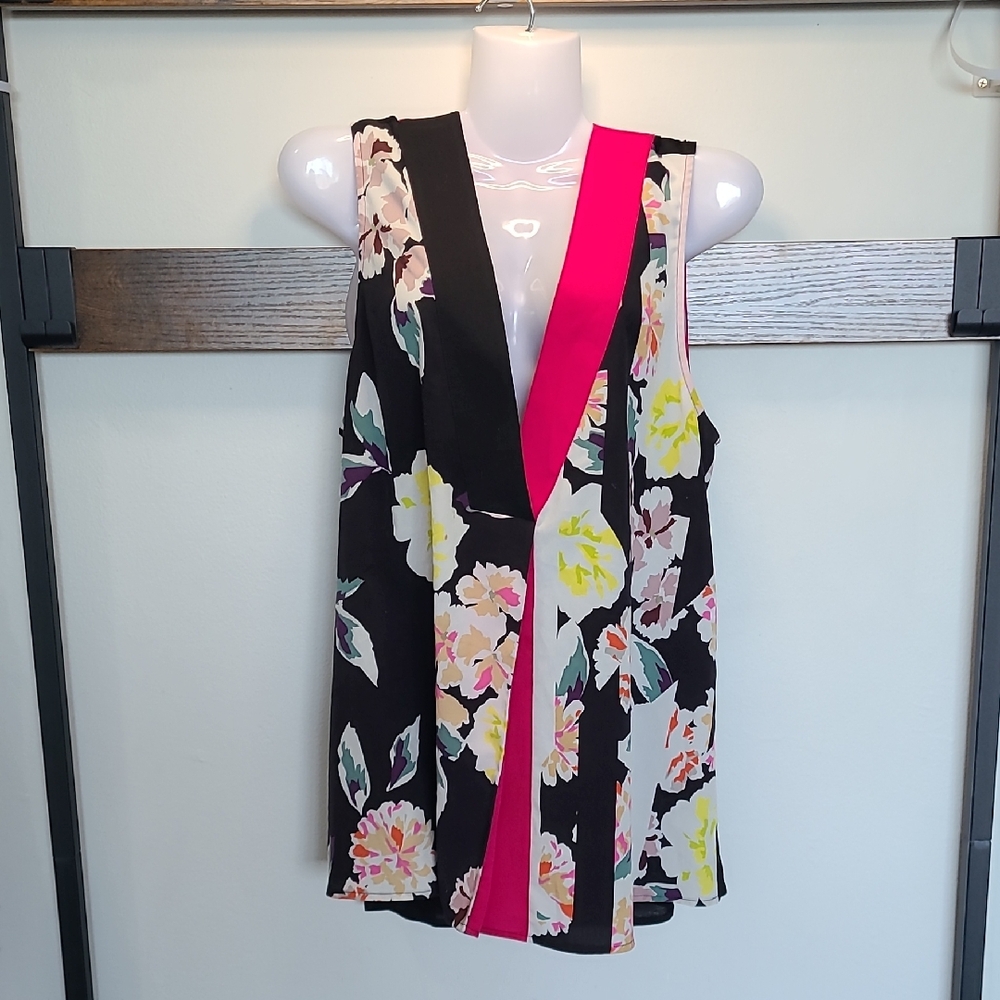 French Connection Floral V-Neck Tank Top - Black and Pink